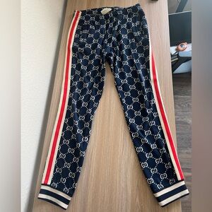 Gucci Navy Logo Track Pants with Red Stripes